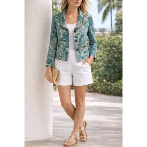 3 Palms Spa Blue Tapestry Brocade Cropped Jacket Belted Resort Jacket Small